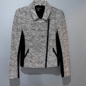 Willi Smith Womens Black White Tweed Knit Moto Jacket Asymmetric Zip Small